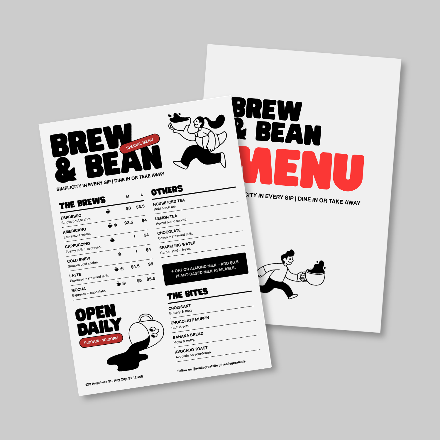 Two menu cards for 'Brew & Bean' on a gray background