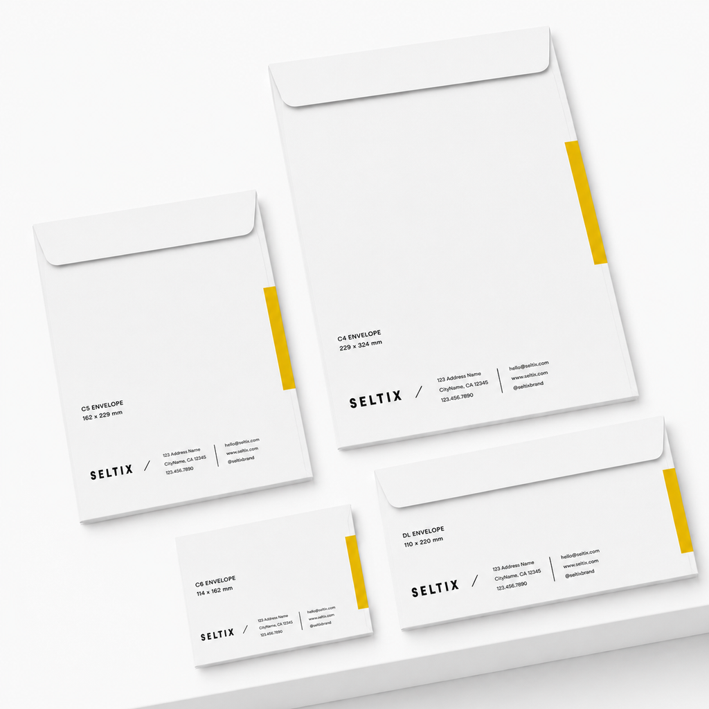 Collection of white envelopes with different sizes and branding labels on a white background