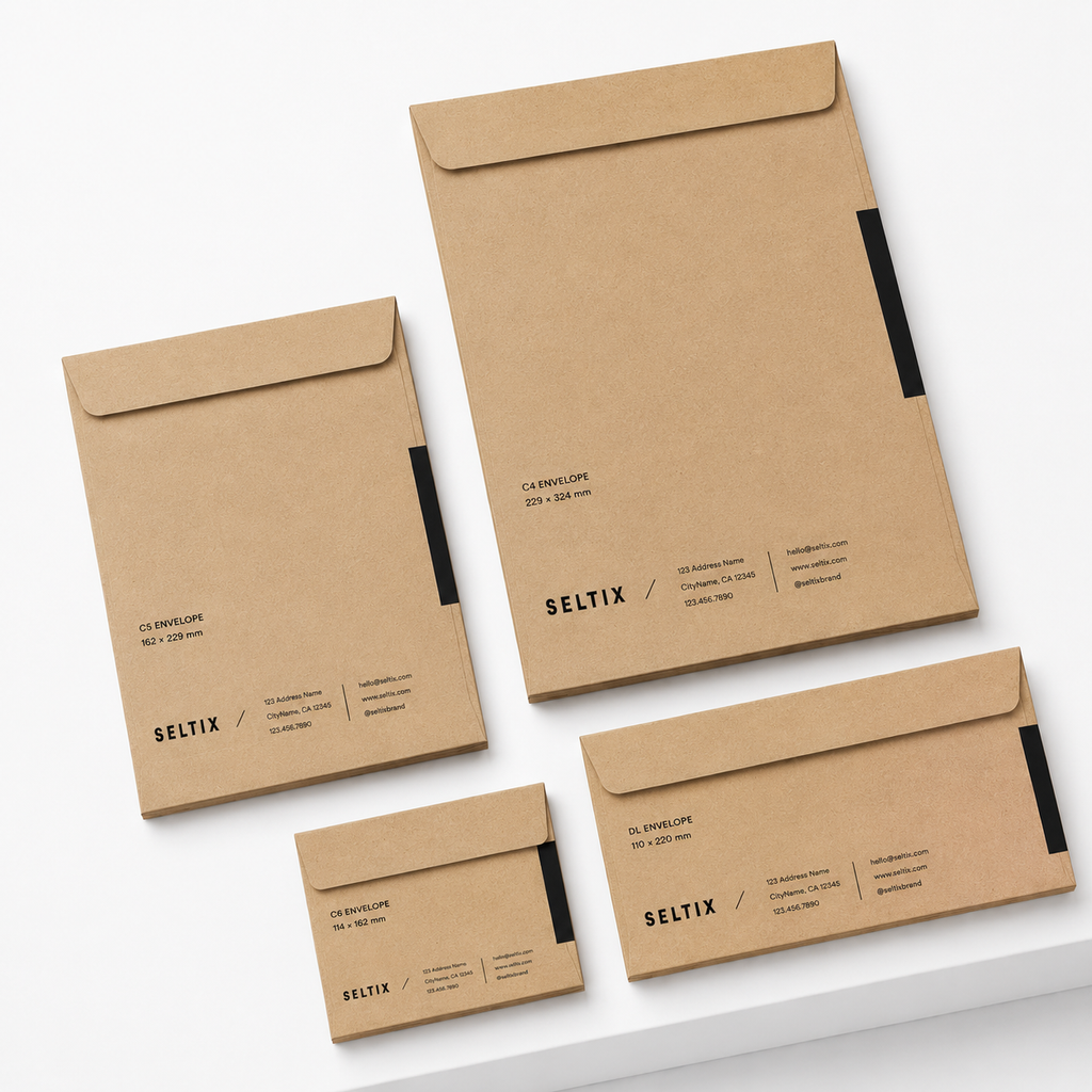 Set of brown envelopes and cards with various sizes and branding text on a white background