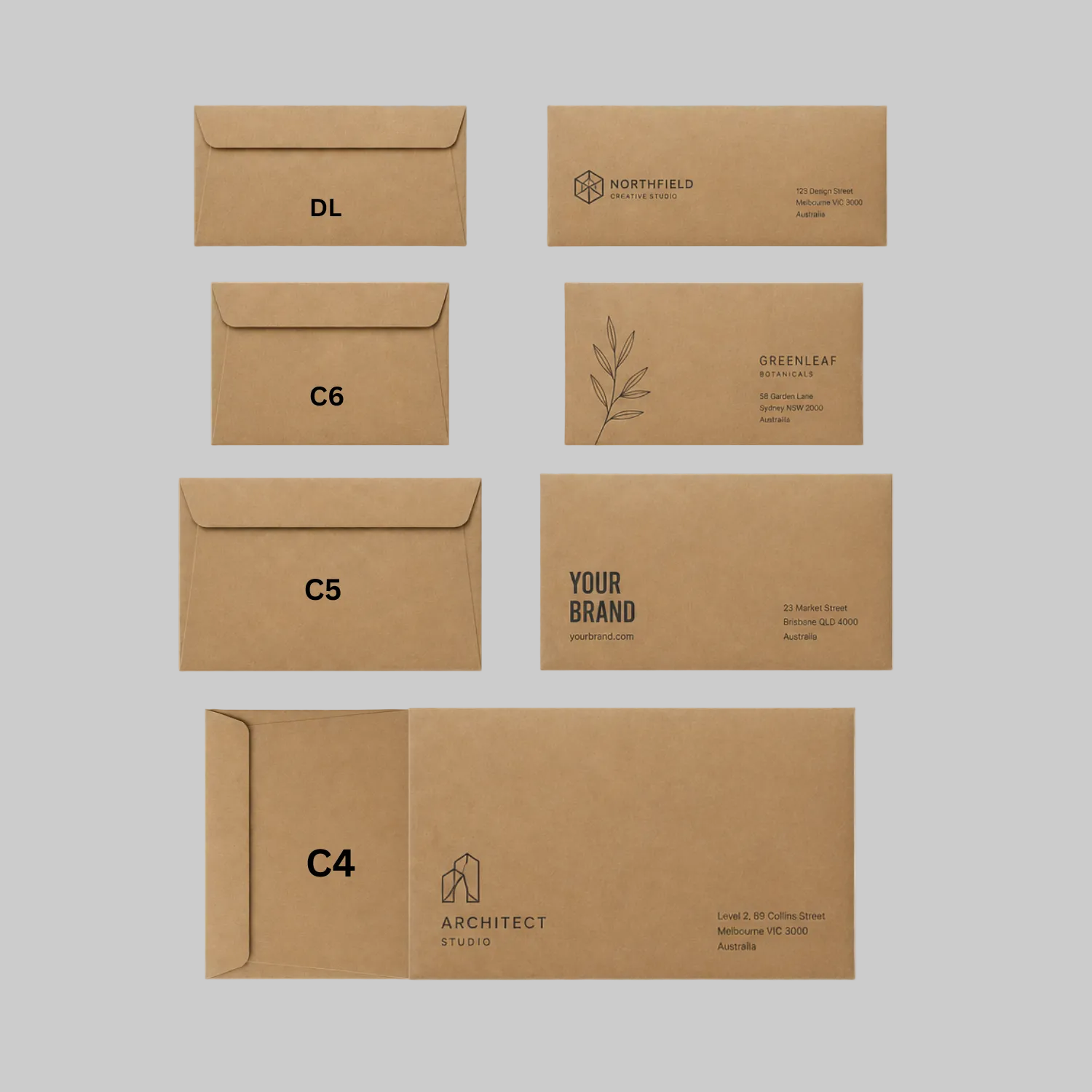 Set of brown envelopes and cards with various sizes and branding text on a white background