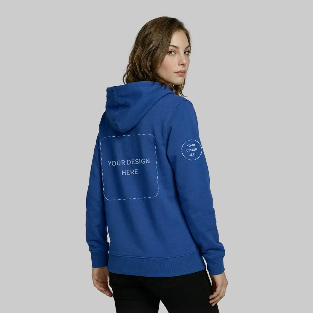 Blue hoodie with customizable text on a plain background