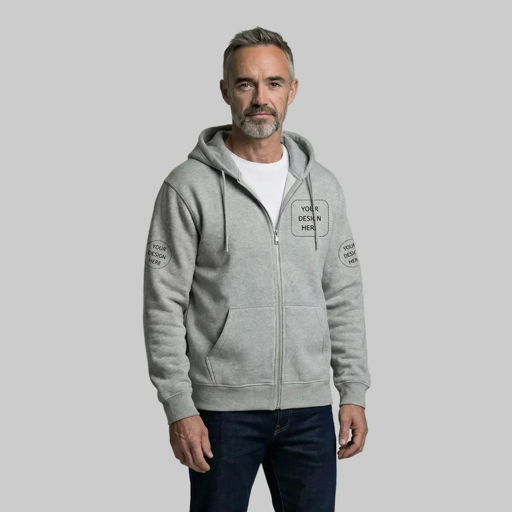 Man wearing a gray hoodie with customizable text on a plain background