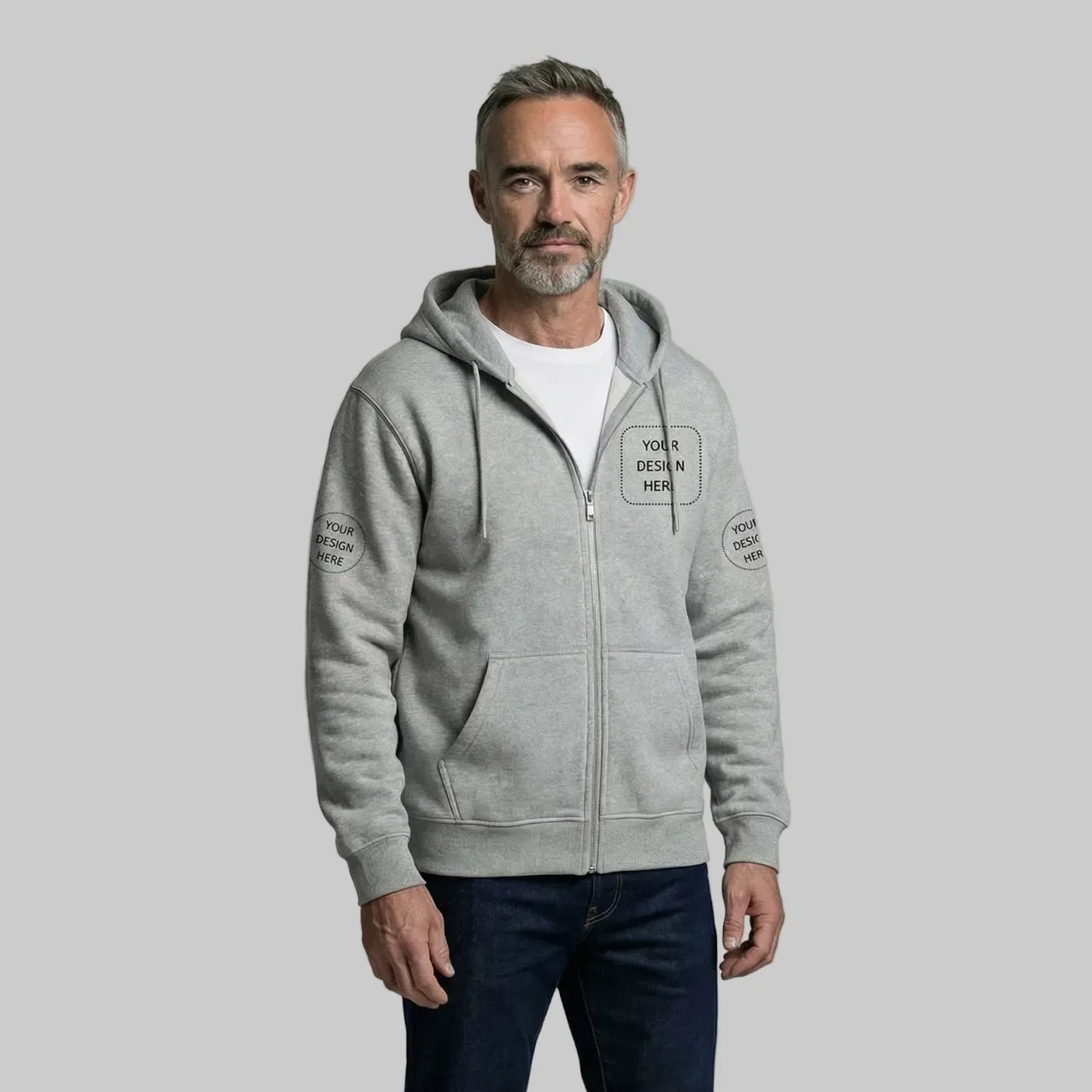 Man wearing a gray hoodie with customizable text on a plain background