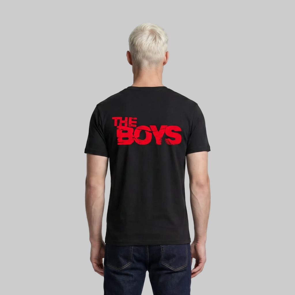 Person wearing a black t-shirt with 'THE BOYS' in red on the back against a white background