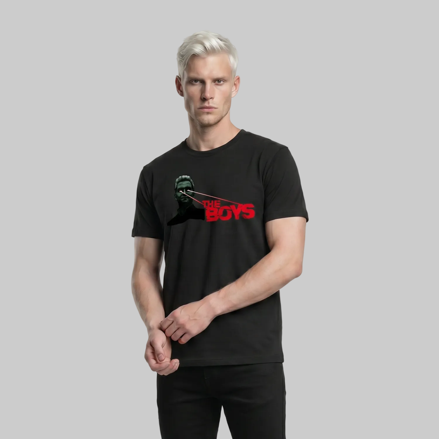 Person wearing a black t-shirt with 'The Boys' logo on a white background