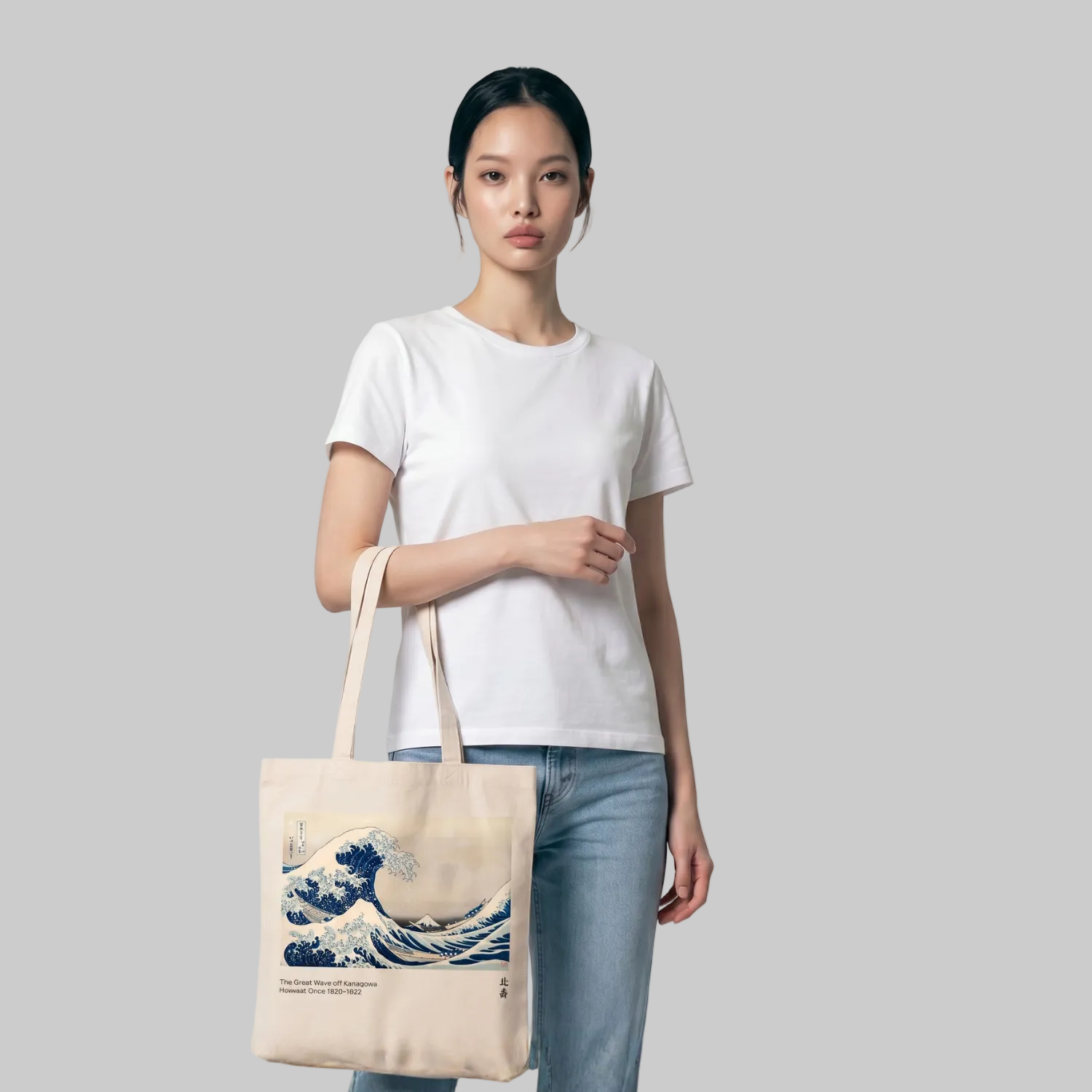 Person holding a tote bag with a wave design against a plain background